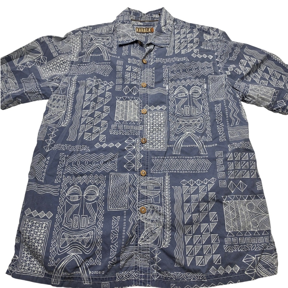 Kahala 1936 Mens Blue Tribal Tiki Mask Print Cotton Button Up Shirt Large